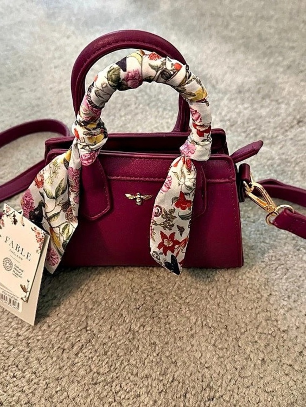 Fable England Floral Engravings Mini Plum Tote Satchel with Floral Scarf